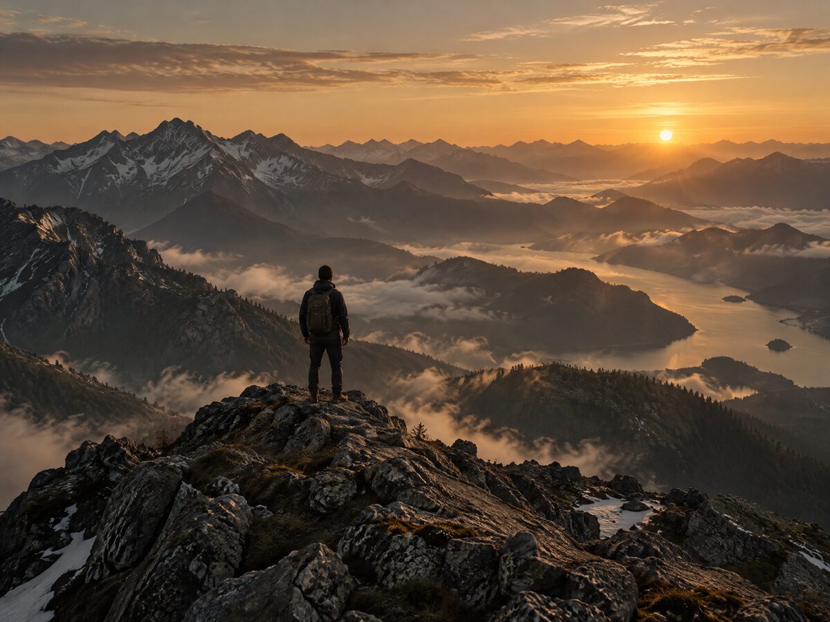 Person auf einem Berggipfel mit Blick über ein Alpenpanorama