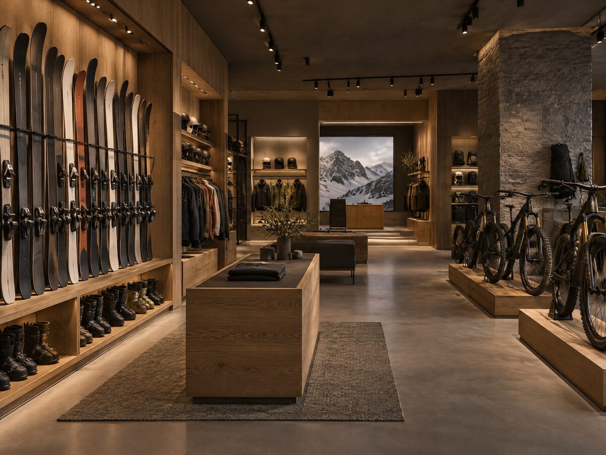 Moderner Sportfachhandel mit Ski- und Bike-Ausstattung
